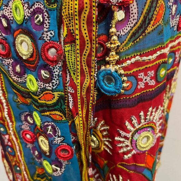 Soft Surroundings bohemian wrap maxi skirt beaded mirrors red gold L India - Picture 3 of 8